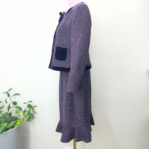 Albert Nipon Pockets Purple Tweed And Velvet 2pc Skirt Suit Set Womens Size 6P - Picture 2 of 16